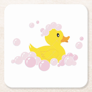 Duck in Pink Bubbles Square Paper Coaster