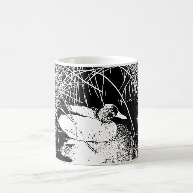 Duck in Reeds Black and White Lake Wildlife Nature Coffee Mug (Center)