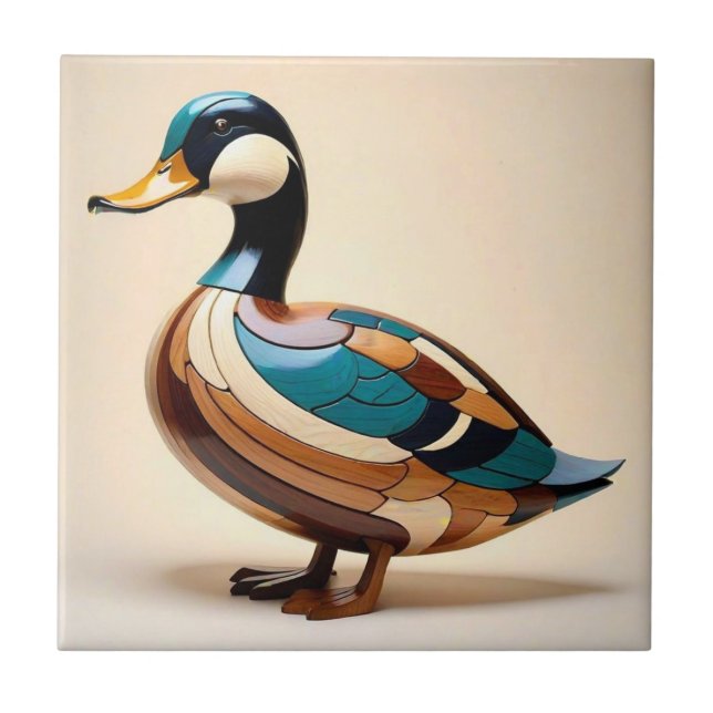 Duck intarsia wood art print bird ceramic tile (Front)