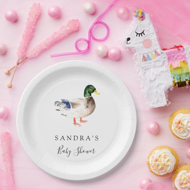 Duck Mallard Baby Shower Minimal Modern Elegant Paper Plate (Party)