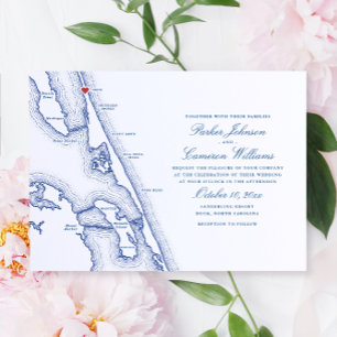 Duck NC Map Elegant Navy Blue Wedding Invitation