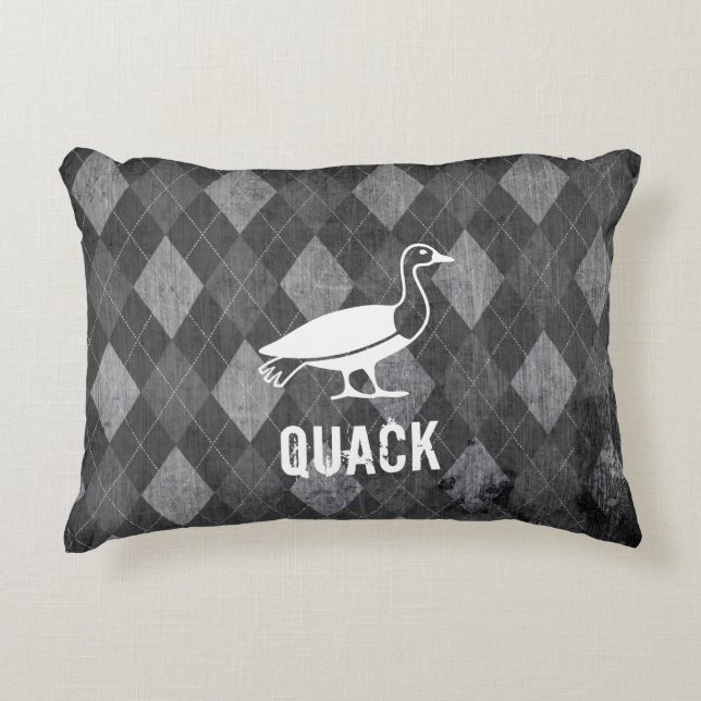 Duck Pictogram on Black Argyle Grunge Decorative Cushion (Front)