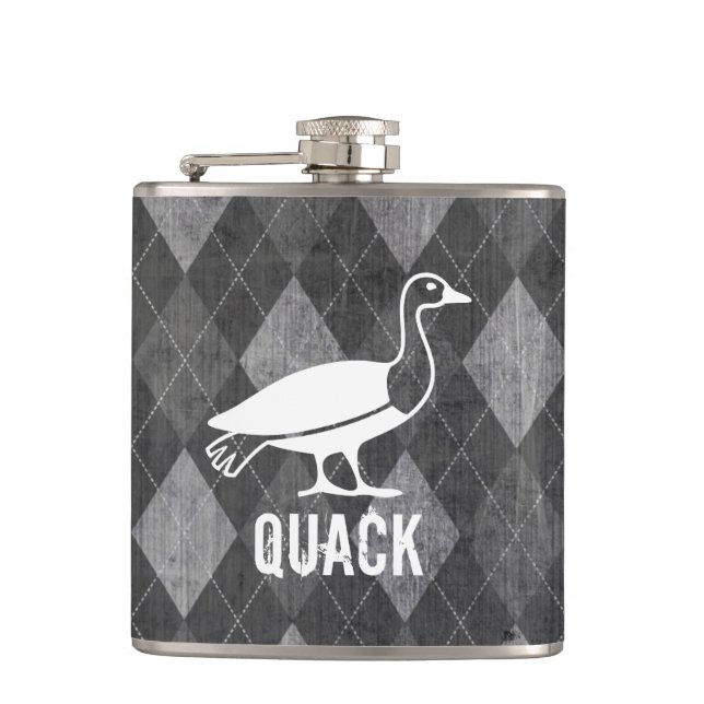 Duck Pictogram on Black Argyle Grunge Hip Flask (Front)
