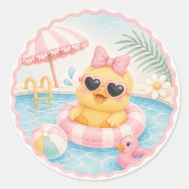 Duck Pool Party Stickers | Pink Summer Birthday (Front)