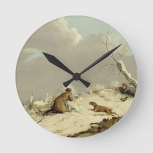Duck Shooting in Winter (oil on canvas) Round Clock