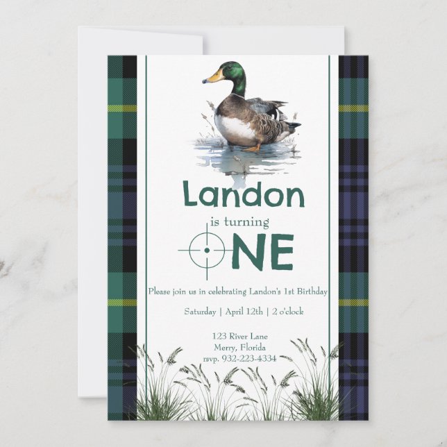 Duck Theme 1st Birthday Hunter green plaid Invitation (Front)