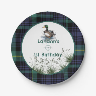 Duck Theme 1st Birthday Hunter green plaid Welcome Paper Plate