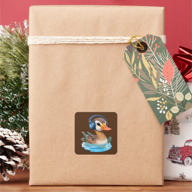 Duck wearing headphones in water square sticker (Holiday)
