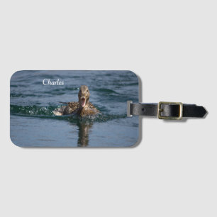 Duck with beak open luggage tag