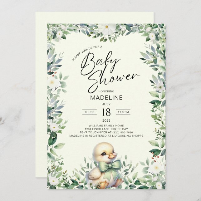 Duck with Bow Greenery Baby Shower Invitation (Front/Back)