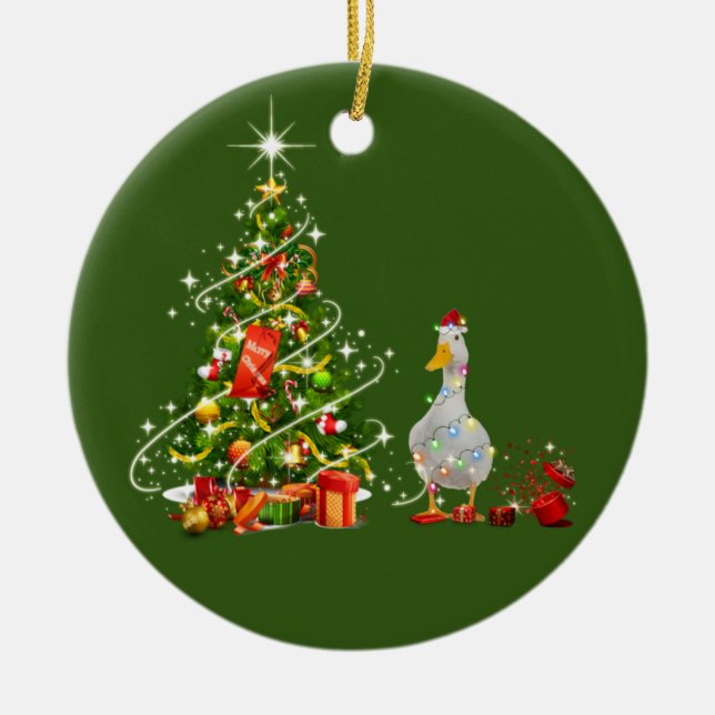 Duck With Hat Scaft Christmas Ceramic Ornament (Front)