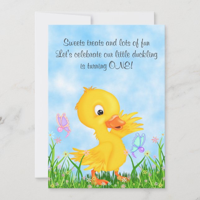 Duckling and Butterflies 1st Birthday Invitation (Front)