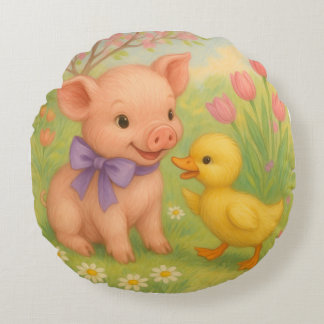 Duckling and Piglet with Purple Bow, Watercolor b Round Cushion