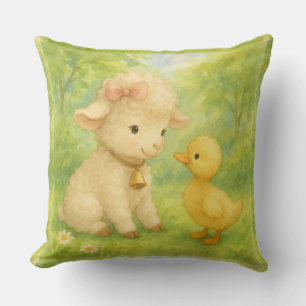  Duckling and Sheep with Bell, Watercolor by Natas Cushion