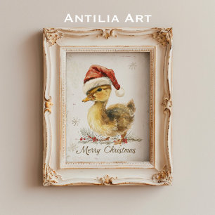 Duckling Christmas Greeting Card Duck in Santa Hat Poster