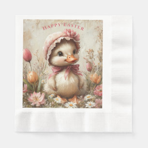  Duckling Easter Pink Bonnet Tulips Daisies Napkin
