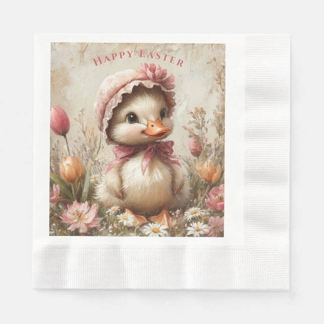  Duckling Easter Pink Bonnet Tulips Daisies Napkin (Front)