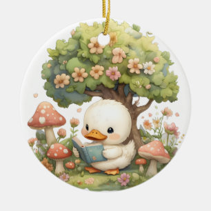 Duckling Reading Under a Tree – Whimsical and Rela Ceramic Ornament