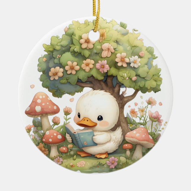 Duckling Reading Under a Tree – Whimsical and Rela Ceramic Ornament (Front)