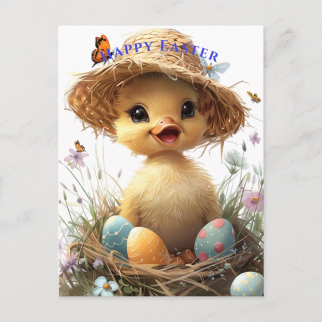  Duckling Straw Hat Easter Egg Flowers Butterflies Postcard (Front)