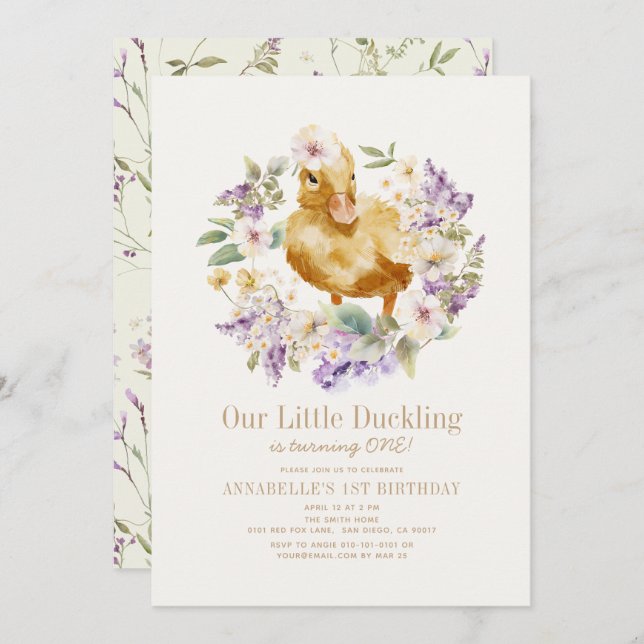 Duckling Watercolor Floral Girl 1st Birthday Invitation (Front/Back)