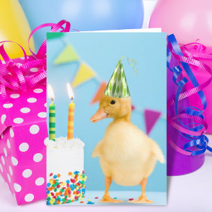 Duckling with Party Hat and Cake Birthday Card