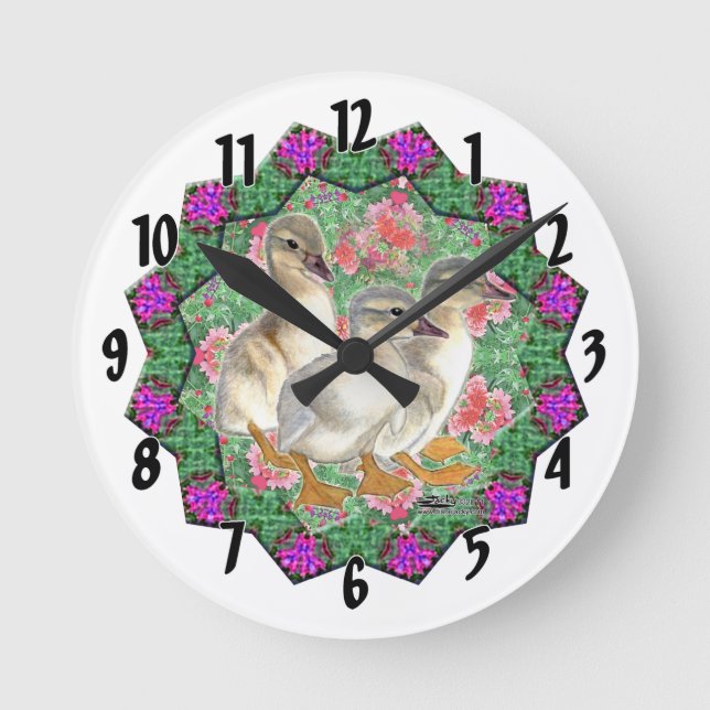Ducklings and Flowers Round Clock (Front)