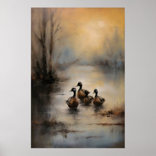Ducklings Lake Wildlife Print, Dark Academia Poster