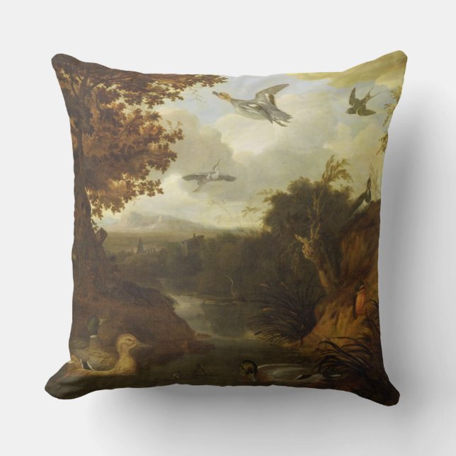Ducks and other birds about a stream in an Italian Cushion (Front)