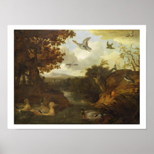 Ducks and other birds about a stream in an Italian Poster