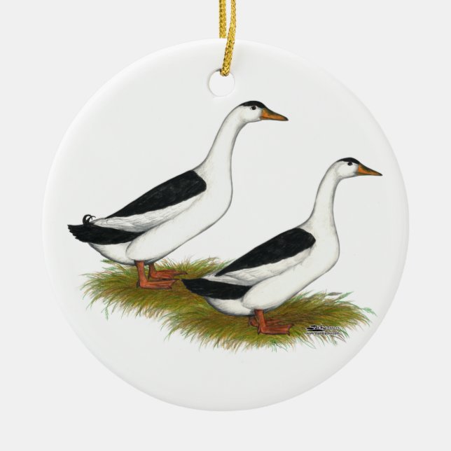 Ducks:  Black Magpies Ceramic Ornament (Front)