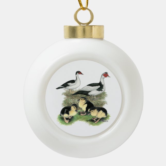 Ducks Black Pied Muscovy Family Ceramic Ball Christmas Ornament (Front)