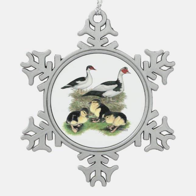 Ducks Black Pied Muscovy Family Snowflake Pewter Christmas Ornament (Front)
