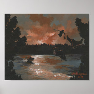 Ducks Flying In Pond At Sunset Poster