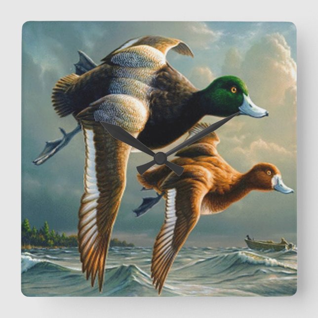 Ducks flying over the ocean and a small boat below square wall clock (Front)