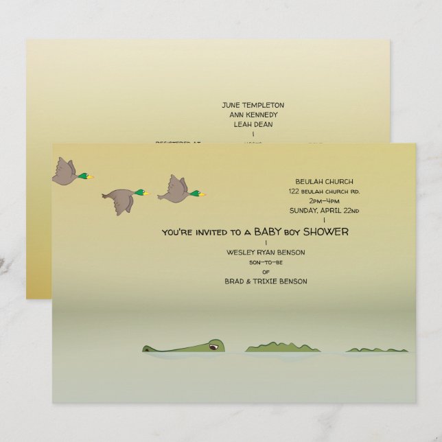 Ducks & Gator Nature Cartoon Boy Baby Shower Invitation (Front/Back)