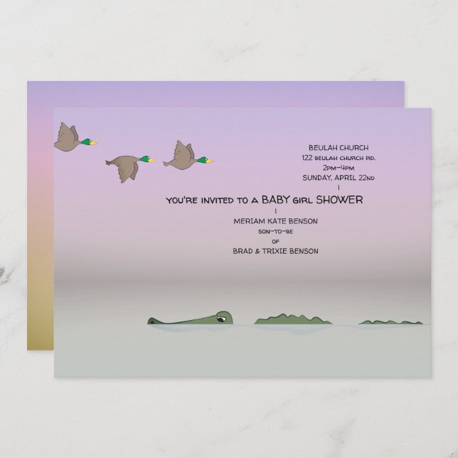 Ducks & Gator Nature Cartoon Girl Baby Shower Invitation (Front/Back)