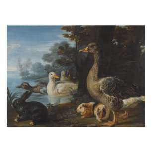 Ducks Guinea Pigs and a Rabbit in a Wooded Landsc Photo Print