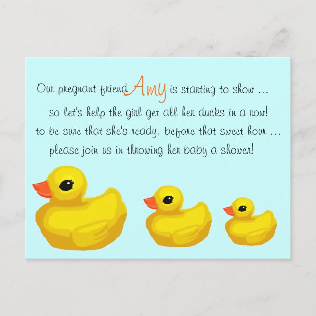 "Ducks in a Row" Personalised Shower Invitation Postcard (Front)