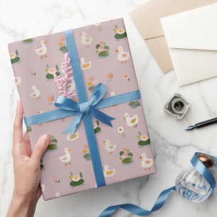 Ducks & Lily Pads on Light Gray-Pink Wrapping Paper