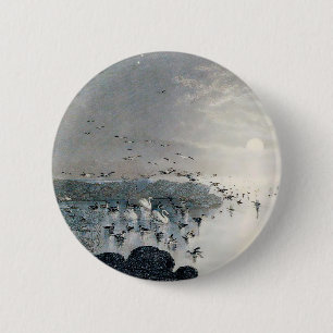Ducks, Mallards and Swans on the lake at sunset 6 Cm Round Badge