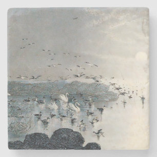 Ducks, Mallards and Swans on the lake at sunset Stone Coaster