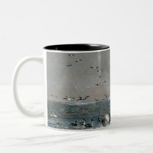 Ducks, Mallards and Swans on the lake at sunset Two-Tone Coffee Mug