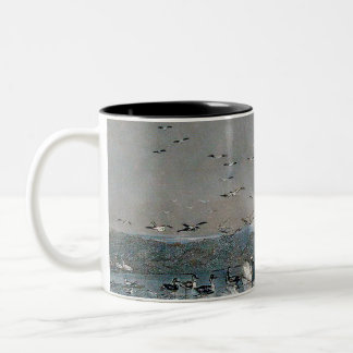 Ducks, Mallards and Swans on the lake at sunset Two-Tone Coffee Mug