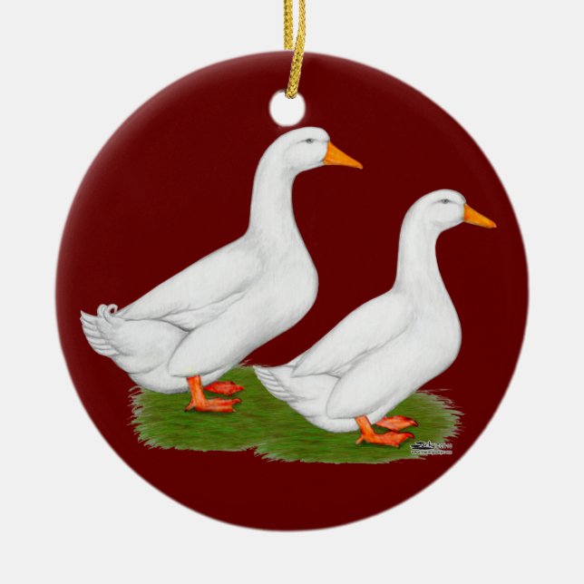 Ducks:  White Pekins Ceramic Ornament (Front)