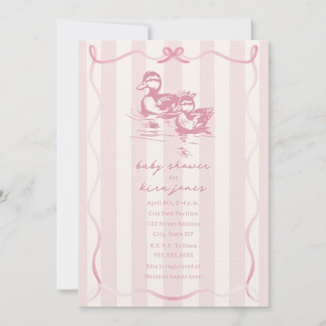 Ducks Woodland Bow Doodle Pink Baby Shower Invitation (Front)