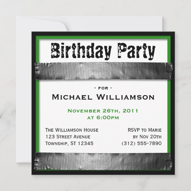 Duct Tape Square Men's Green Birthday Invitations (Front)