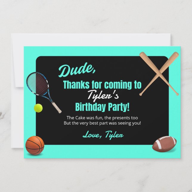 Dude Sports Birthday Party Thank You Card (Front)