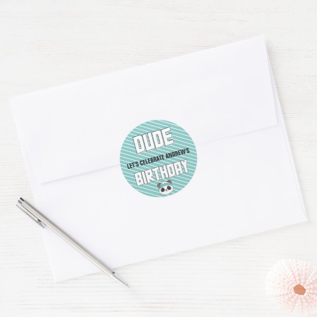 Dude Teal and Black Panda Birthday Party Classic Round Sticker (Envelope)