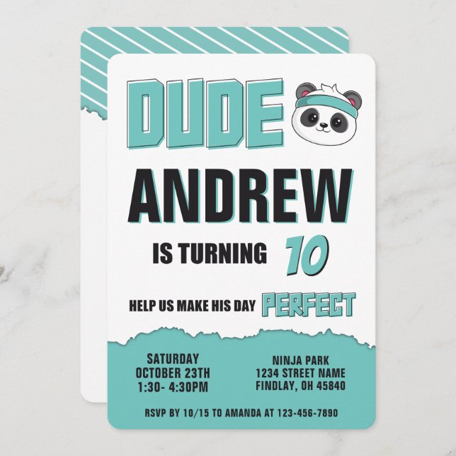 Dude Teal and Black Panda Birthday Party Invitation (Front/Back)